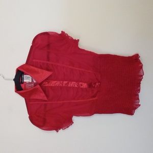 Uno Core Women's Red Smocked Ruched Sheer Blouse with Satin Collar Small